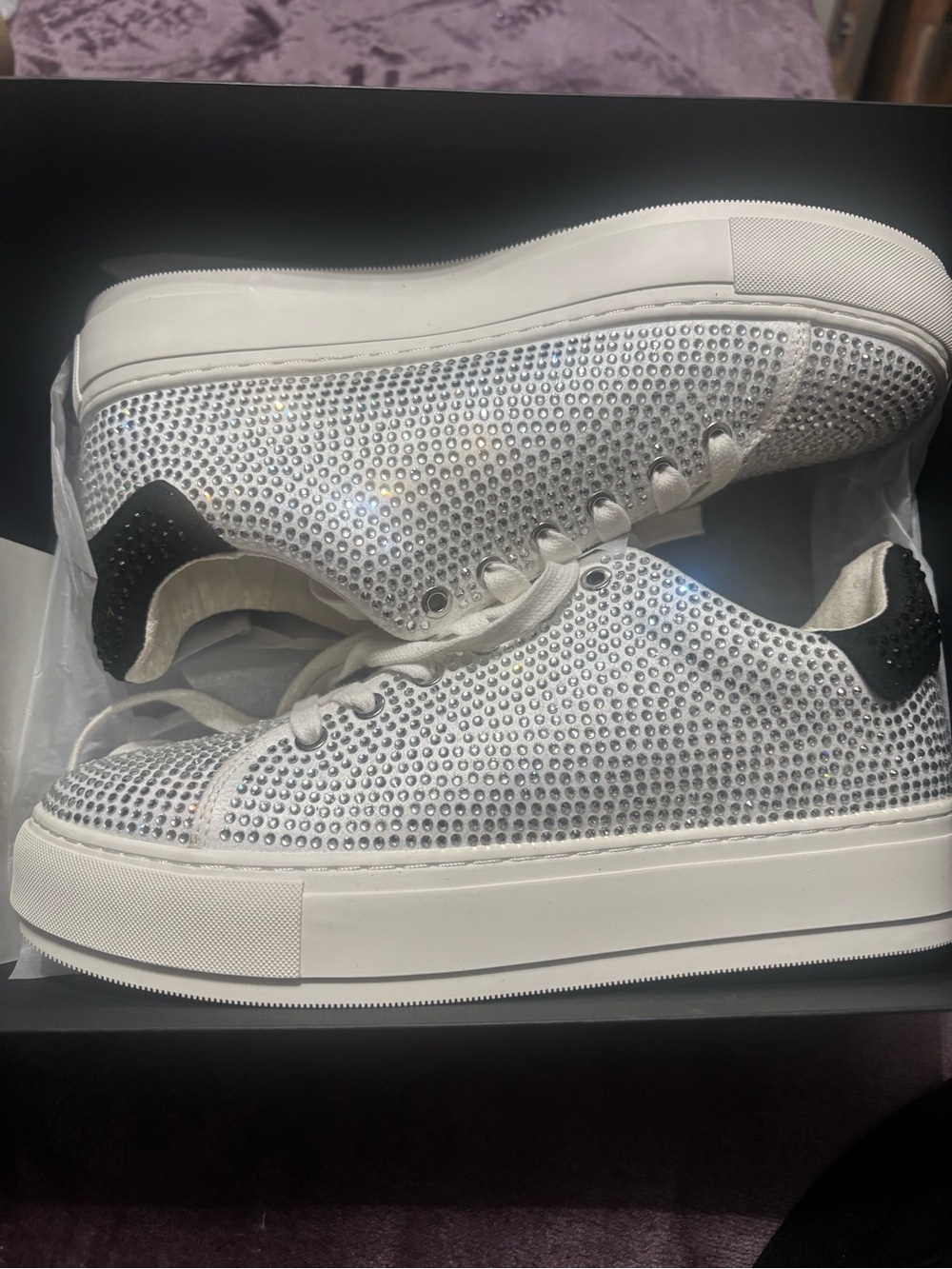 Kurt Geiger White Crystal-Embellished Platform Sneakers with Black Heel